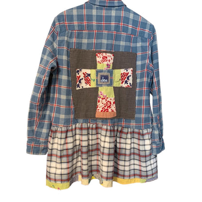Upcycled Flannel Tunic Top L Cross Patchwork Plaid Collared