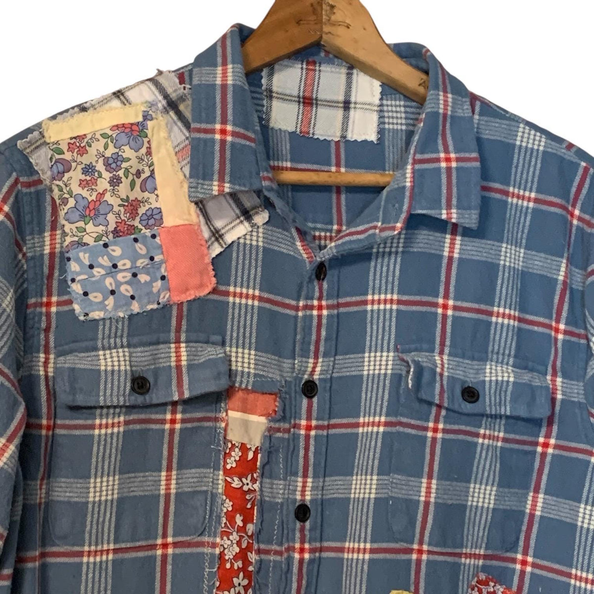 Upcycled Flannel Tunic Top L Cross Patchwork Plaid Collared