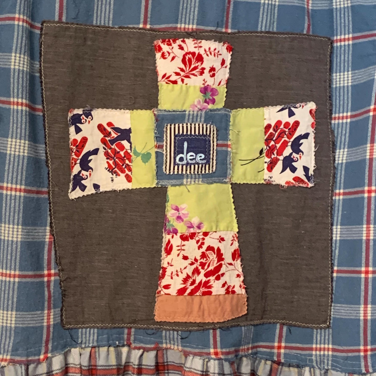 Upcycled Flannel Tunic Top L Cross Patchwork Plaid Collared