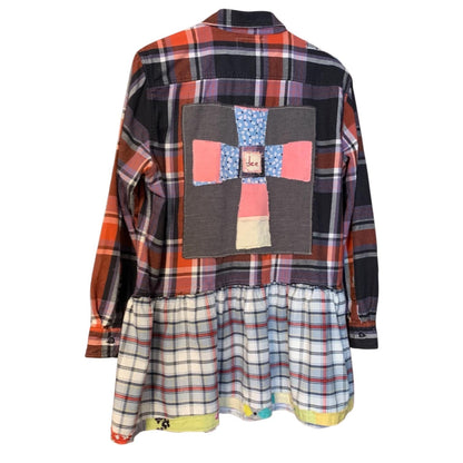 Upcycled Flannel Tunic Top L XL Cross Patchwork Plaid Collared