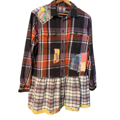 Upcycled Flannel Tunic Top L XL Cross Patchwork Plaid Collared