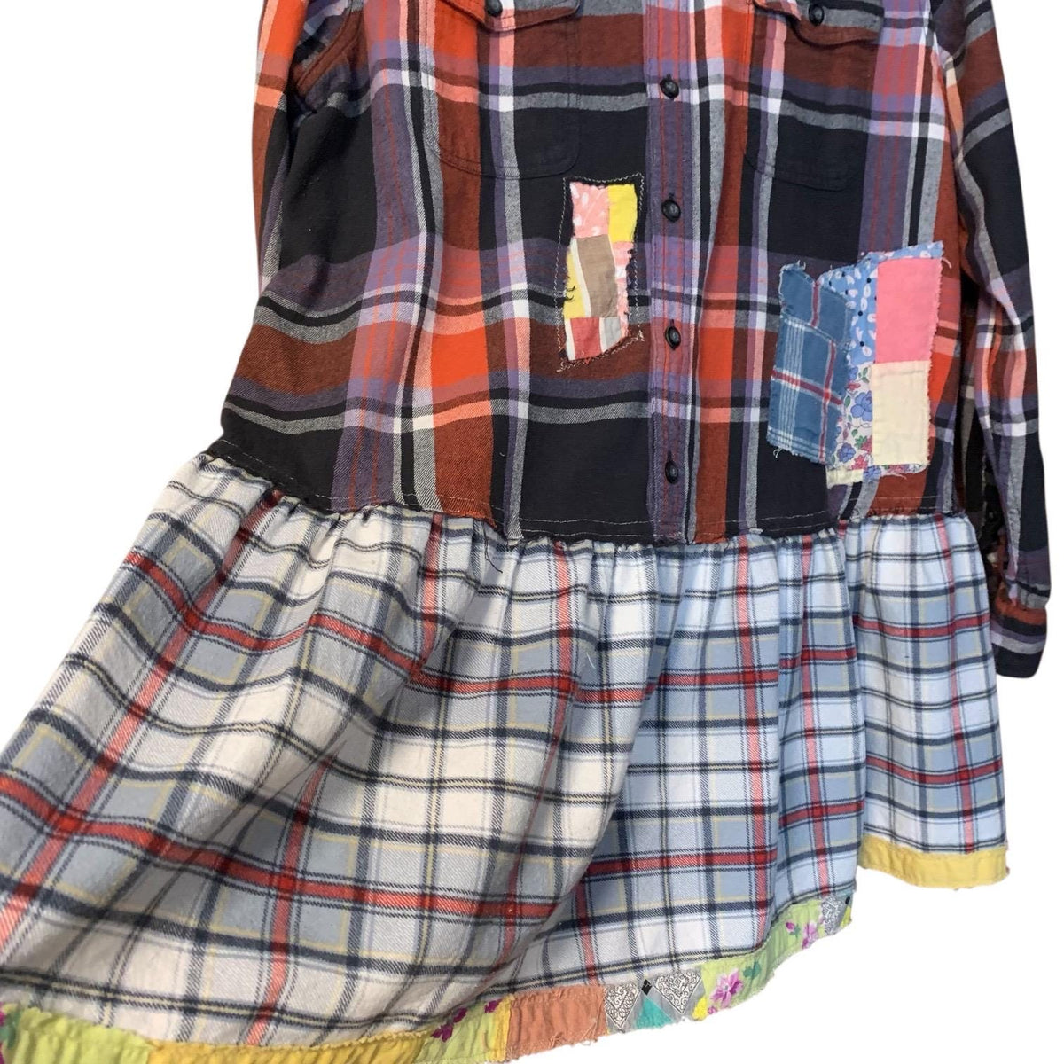 Upcycled Flannel Tunic Top L XL Cross Patchwork Plaid Collared
