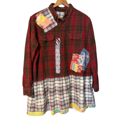 Upcycled Flannel Tunic Top XL Cross Patchwork Plaid Collared