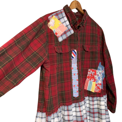 Upcycled Flannel Tunic Top XL Cross Patchwork Plaid Collared