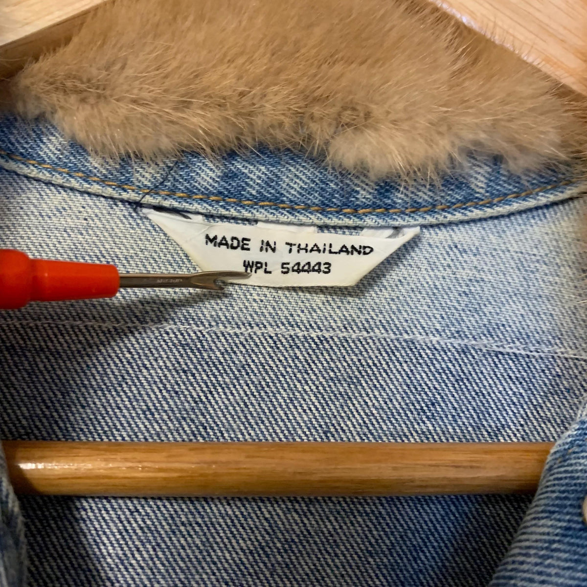 Upcycled Denim Jacket M with Feedsack Quilt Top and Fur Collar