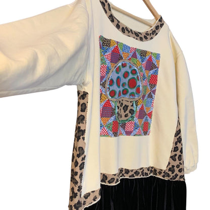 Upcycled Mushroom Tunic Top XL Velvet Hem Boho Pullover