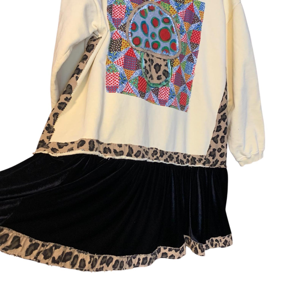 Upcycled Mushroom Tunic Top XL Velvet Hem Boho Pullover