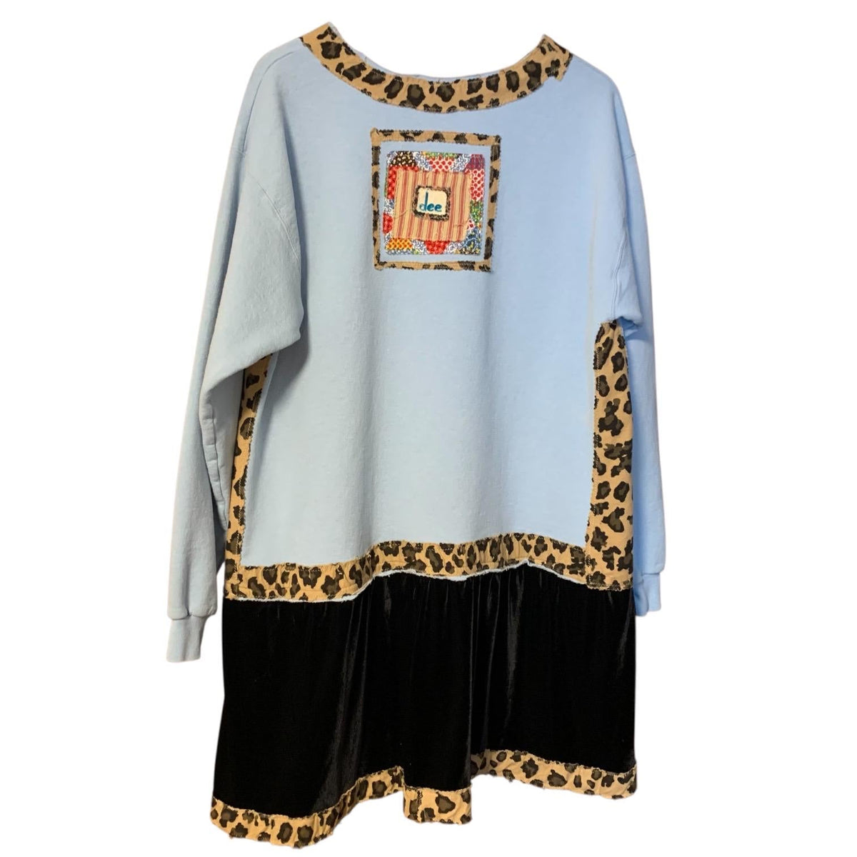 Upcycled Mushroom Tunic Dress L Velvet Hem Boho Pullover