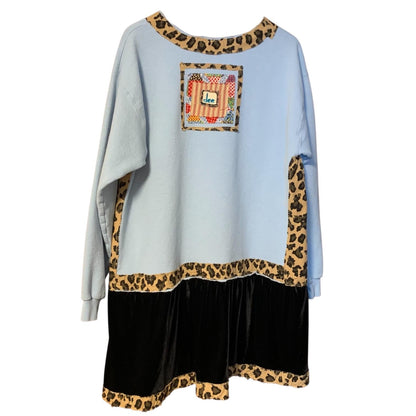 Upcycled Mushroom Tunic Dress L Velvet Hem Boho Pullover
