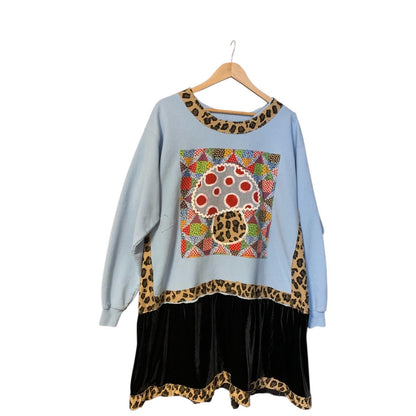 Upcycled Mushroom Tunic Dress L Velvet Hem Boho Pullover