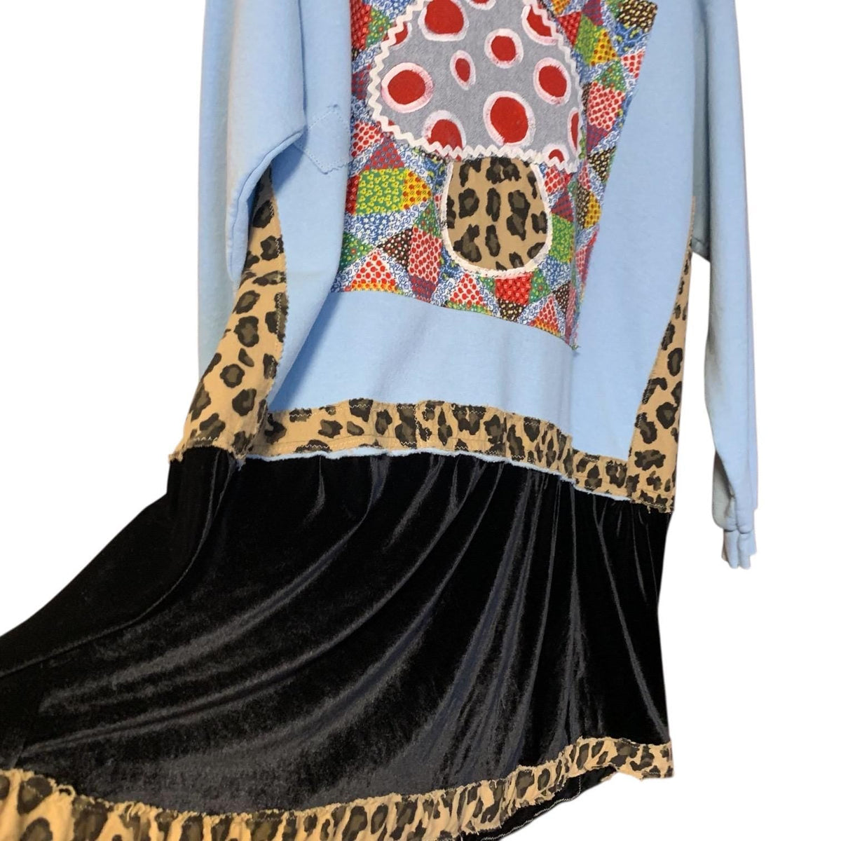 Upcycled Mushroom Tunic Dress L Velvet Hem Boho Pullover
