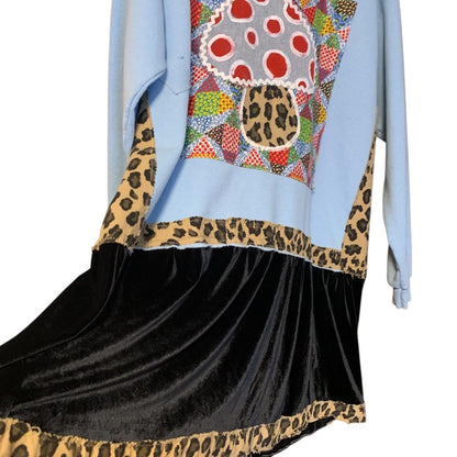 Upcycled Mushroom Tunic Dress L Velvet Hem Boho Pullover