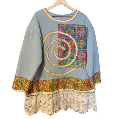 Upcycled Tunic Top XL Gypsy Cowgirl with Crochet Hem