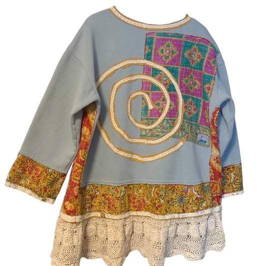 Upcycled Tunic Top XL Gypsy Cowgirl with Crochet Hem