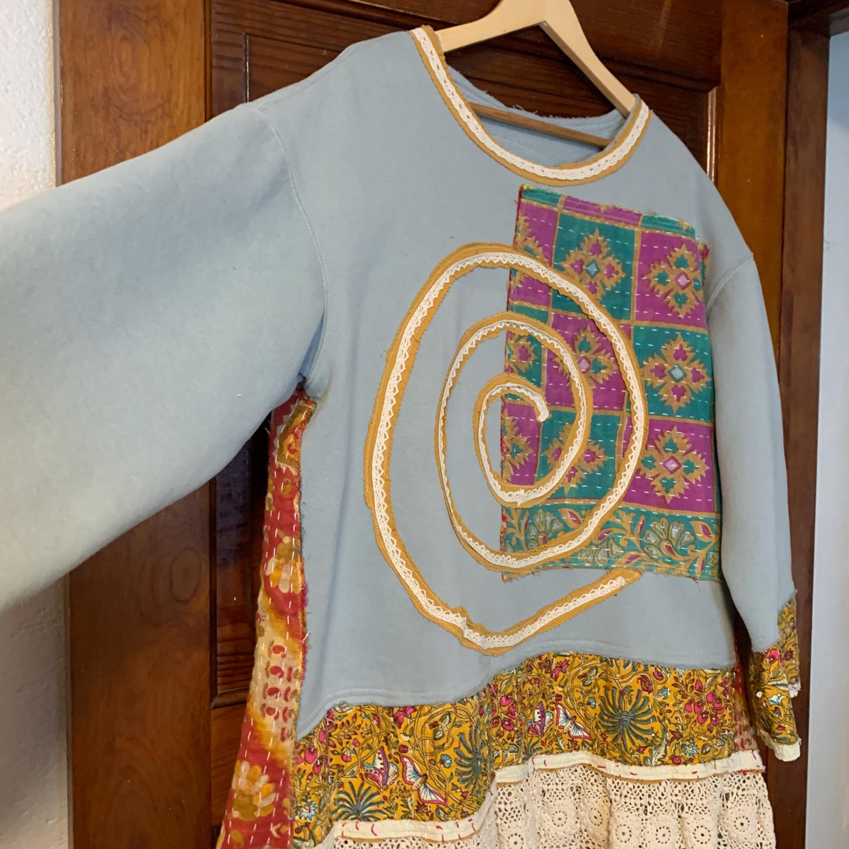 Upcycled Tunic Top XL Gypsy Cowgirl with Crochet Hem