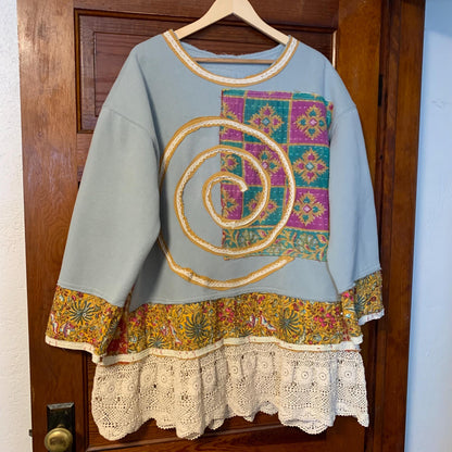 Upcycled Tunic Top XL Gypsy Cowgirl with Crochet Hem