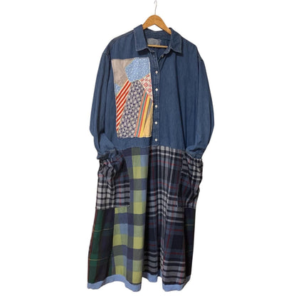 Upcycled Maxi Dress XL Denim and Flannel Boho Patchwork