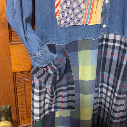 Upcycled Maxi Dress XL Denim and Flannel Boho Patchwork