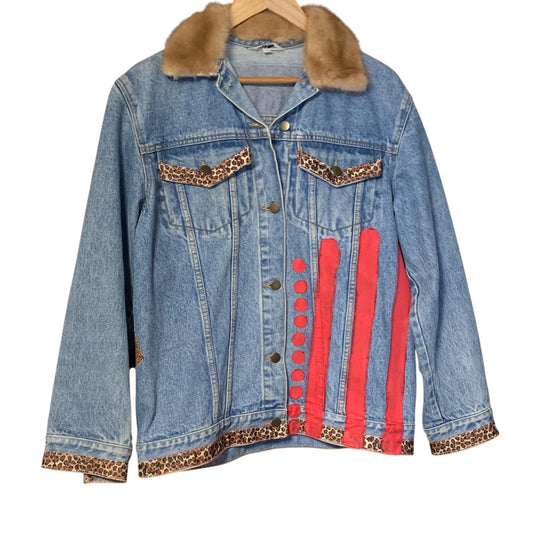 Upcycled Denim Jacket M with Feedsack Quilt Top and Fur Collar