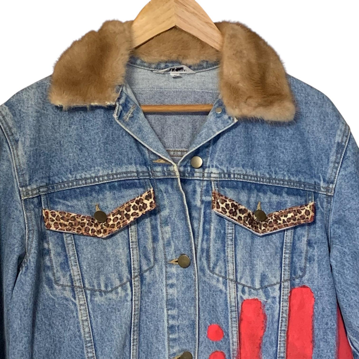 Upcycled Denim Jacket M with Feedsack Quilt Top and Fur Collar