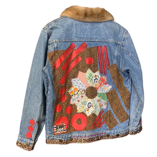 Upcycled Denim Jacket M with Feedsack Quilt Top and Fur Collar