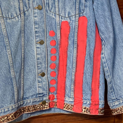 Upcycled Denim Jacket M with Feedsack Quilt Top and Fur Collar