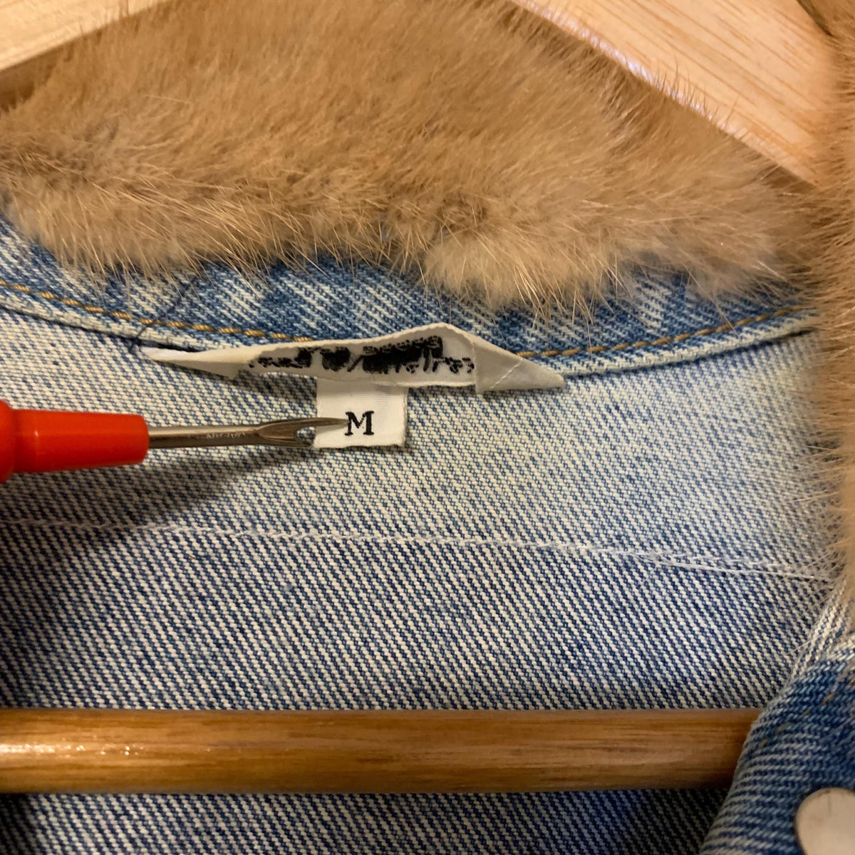 Upcycled Denim Jacket M with Feedsack Quilt Top and Fur Collar