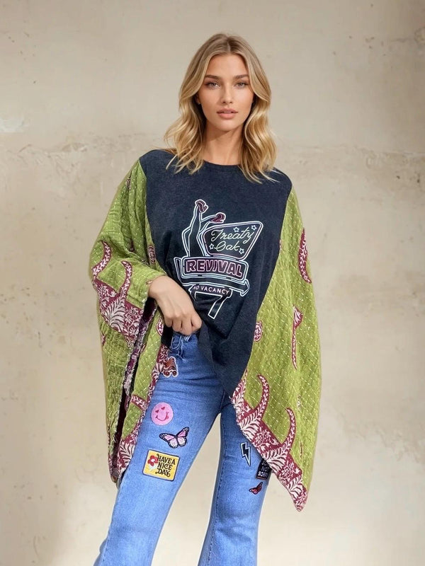 Treaty Oak Revival Upcycled Kantha Butterfly Poncho Top, One Size