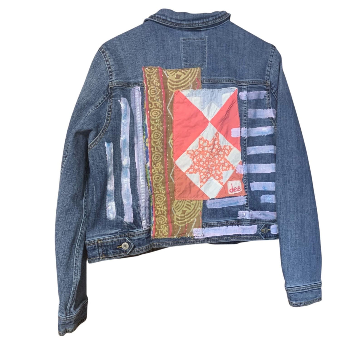Upcycled Denim Trucker Jacket XL Quilt Top and Kantha Patchwork