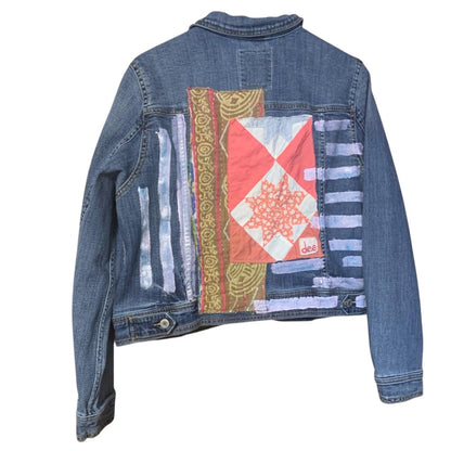 Upcycled Denim Trucker Jacket XL Quilt Top and Kantha Patchwork