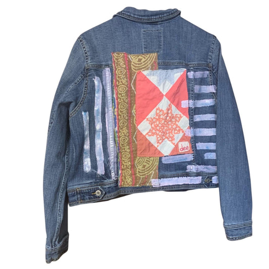 Upcycled Denim Trucker Jacket XL Quilt Top and Kantha Patchwork