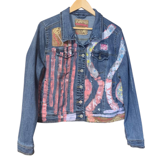 Upcycled Denim Trucker Jacket XL Quilt Top and Kantha Patchwork