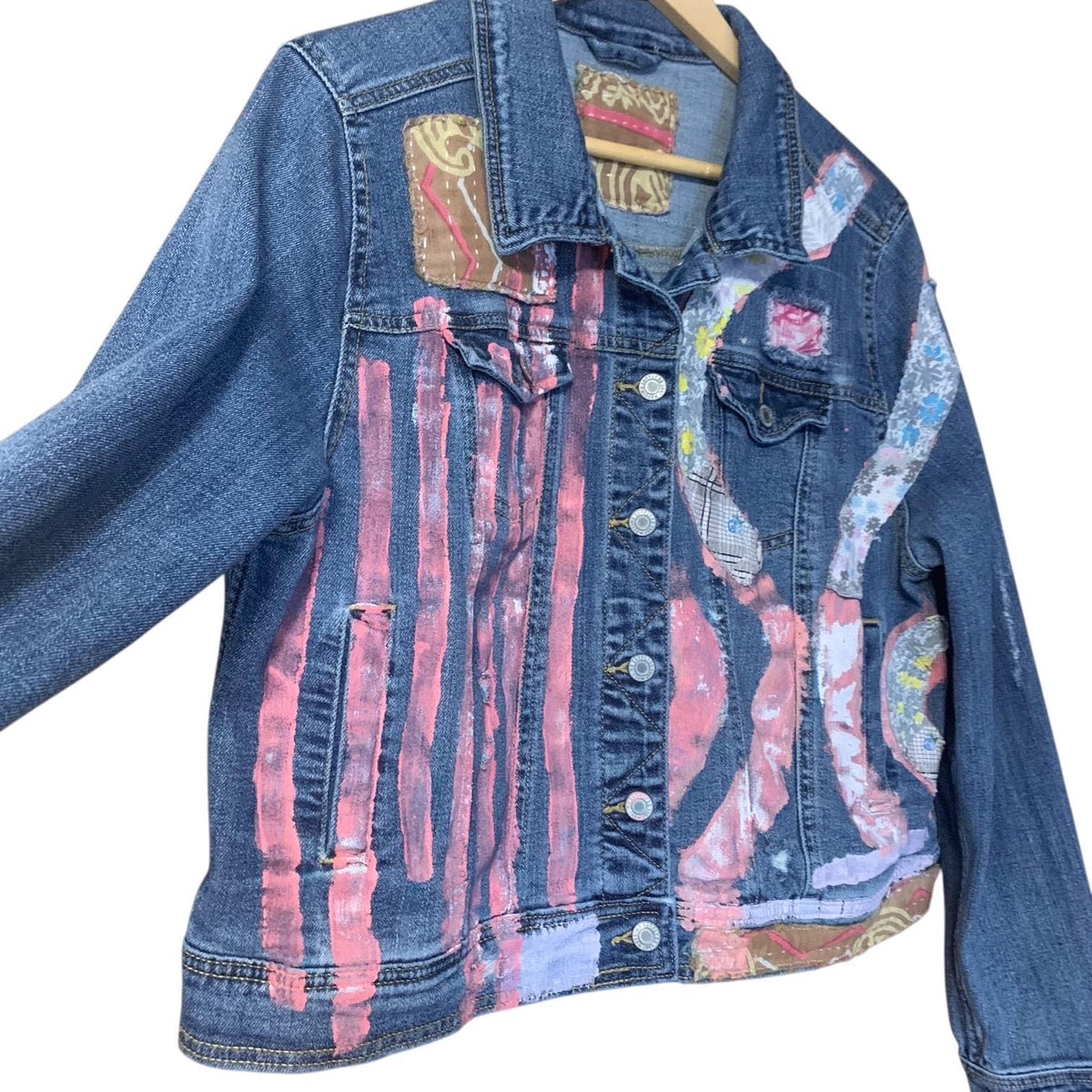 Upcycled Denim Trucker Jacket XL Quilt Top and Kantha Patchwork