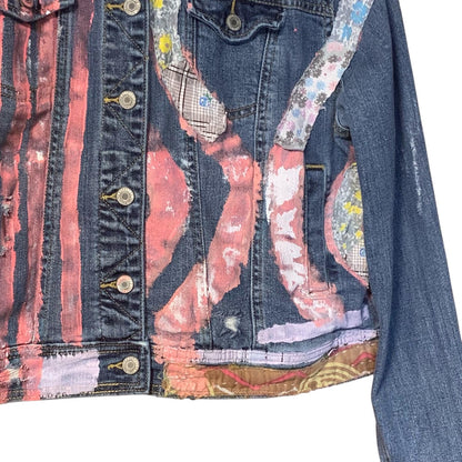 Upcycled Denim Trucker Jacket XL Quilt Top and Kantha Patchwork