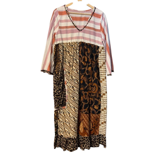 Upcycled Maxi Dress M Ethnic Animal Print V Neck Handmade Boho
