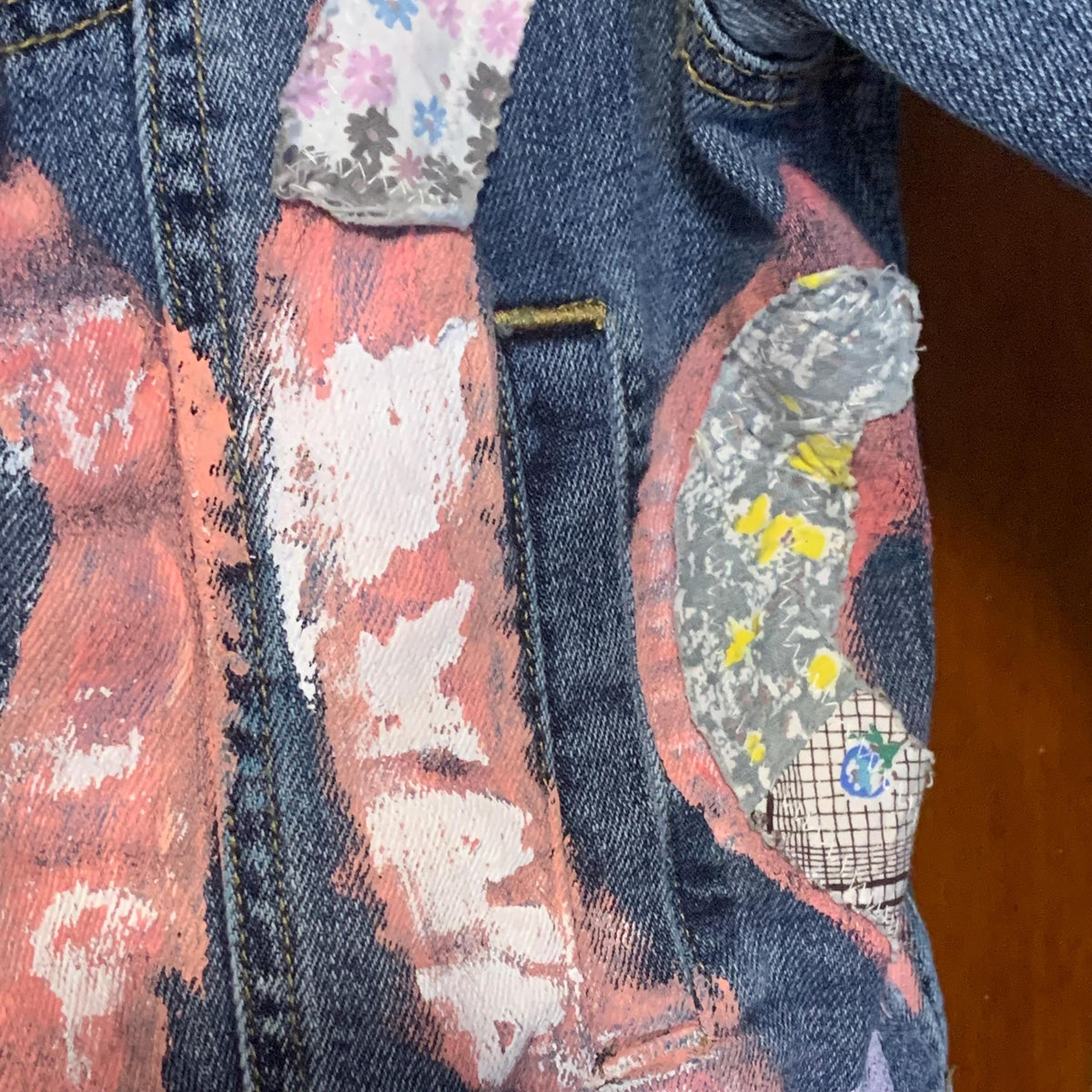 Upcycled Denim Trucker Jacket XL Quilt Top and Kantha Patchwork