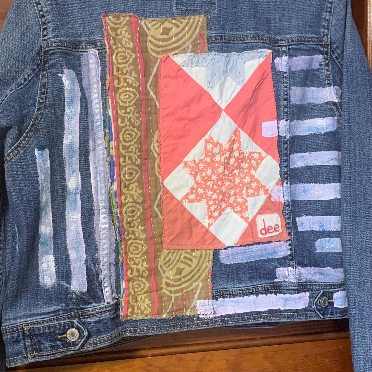 Upcycled Denim Trucker Jacket XL Quilt Top and Kantha Patchwork