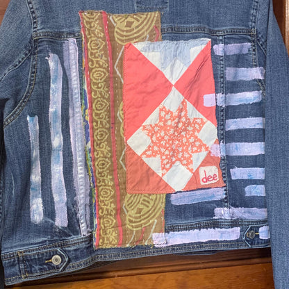 Upcycled Denim Trucker Jacket XL Quilt Top and Kantha Patchwork