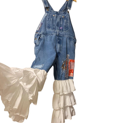 Upcycled Bib Overalls L Texas Gypsy Cowgirl Ruffled Bell Bottom