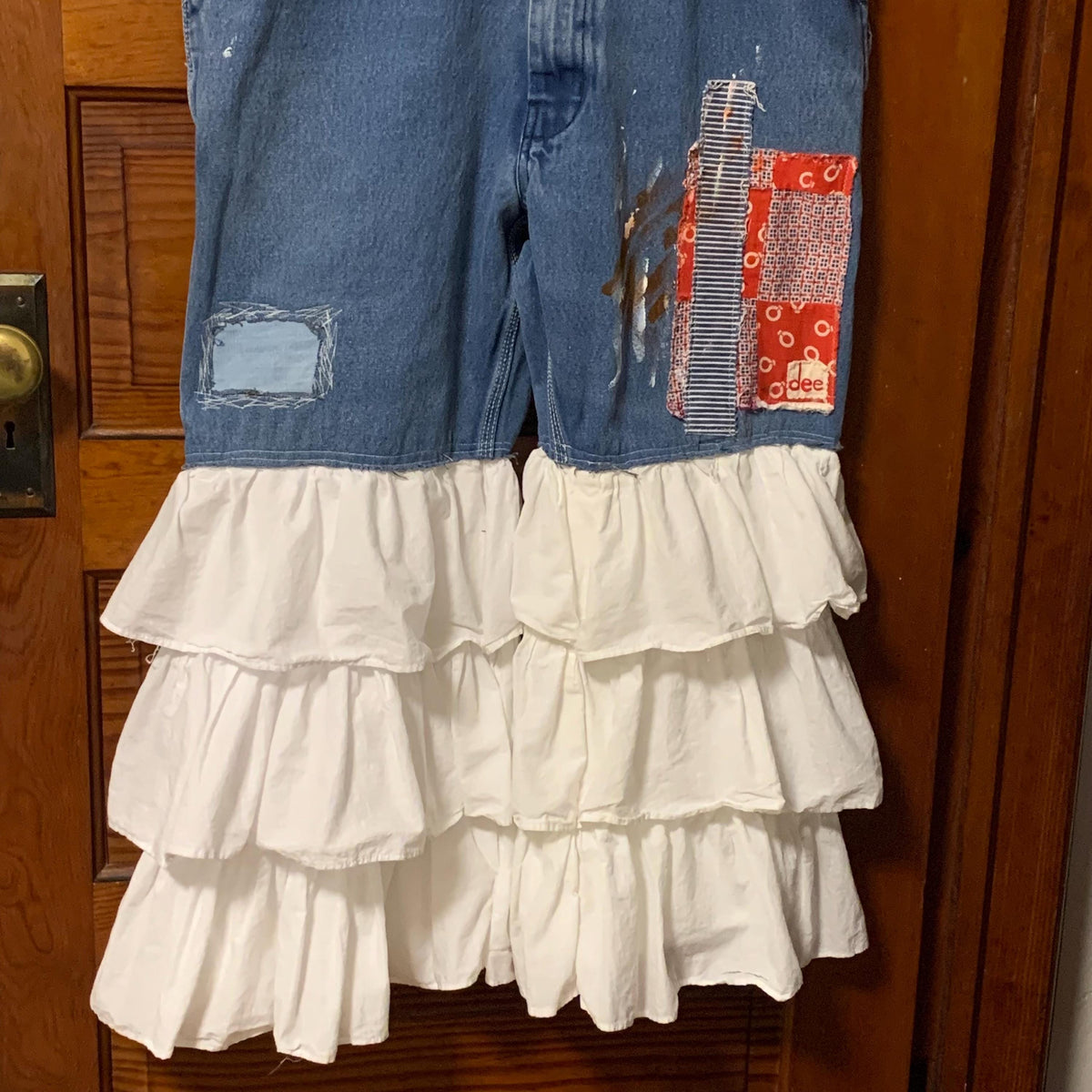 Upcycled Bib Overalls L Texas Gypsy Cowgirl Ruffled Bell Bottom