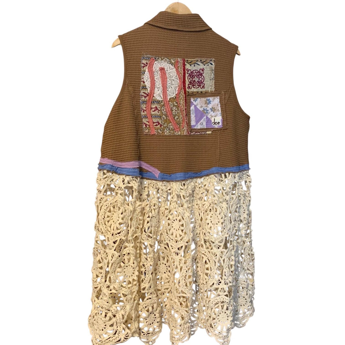 Upcycled Patchwork Duster Vest with Crochet Hem by Dee Couture
