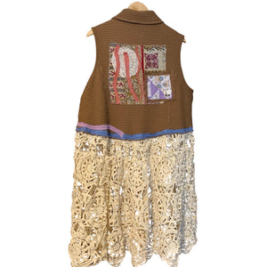 Upcycled Duster Vest L to XL Cowgirl Patchwork with Vintage Crochet Hem