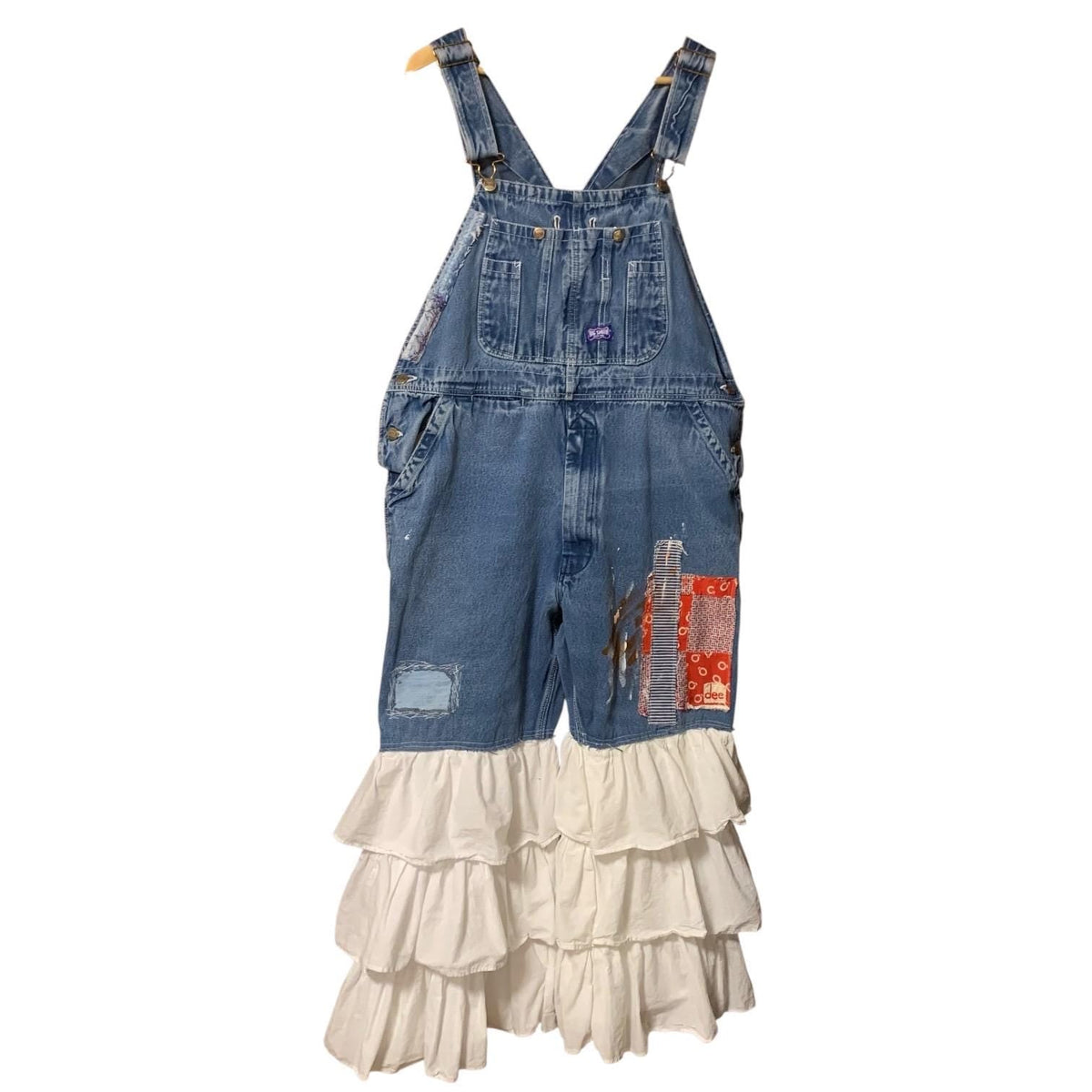 Upcycled Bib Overalls L Texas Gypsy Cowgirl Ruffled Bell Bottom