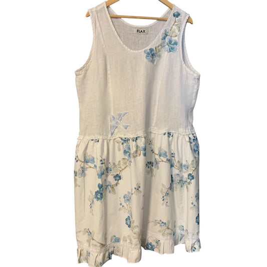 Upcycled Linen Lagenlook Dress, Bird Applique by Dee Couture