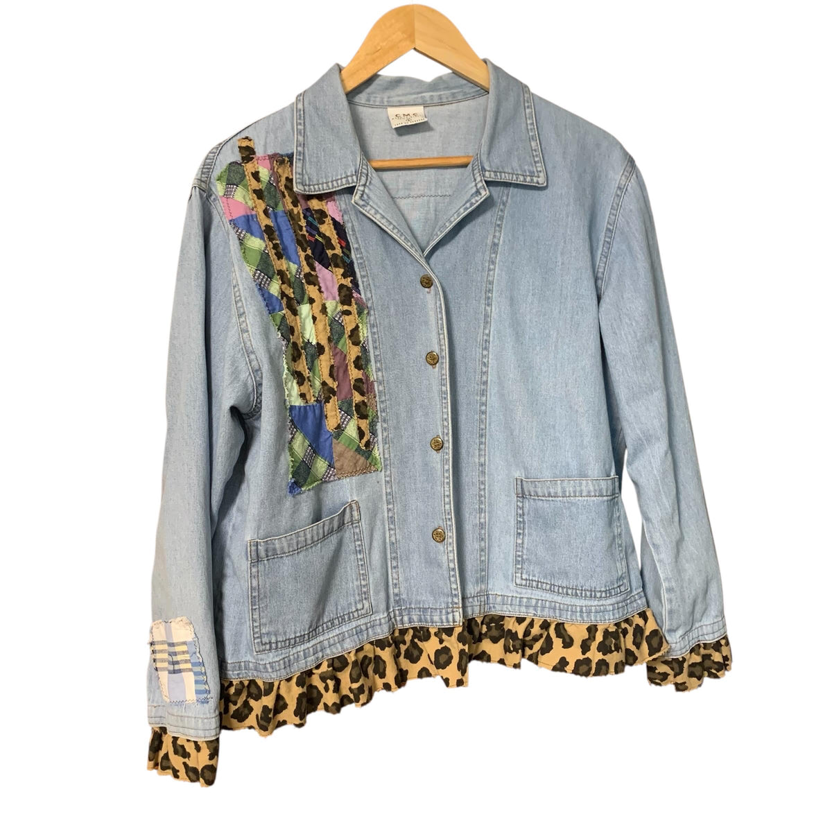 Upcycled Denim Jacket L Patchwork with Leopard Print Ruffle