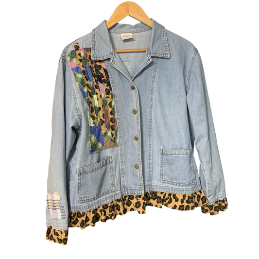 Upcycled Denim Jacket L Patchwork with Leopard Print Ruffle
