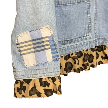 Upcycled Denim Jacket L Patchwork with Leopard Print Ruffle