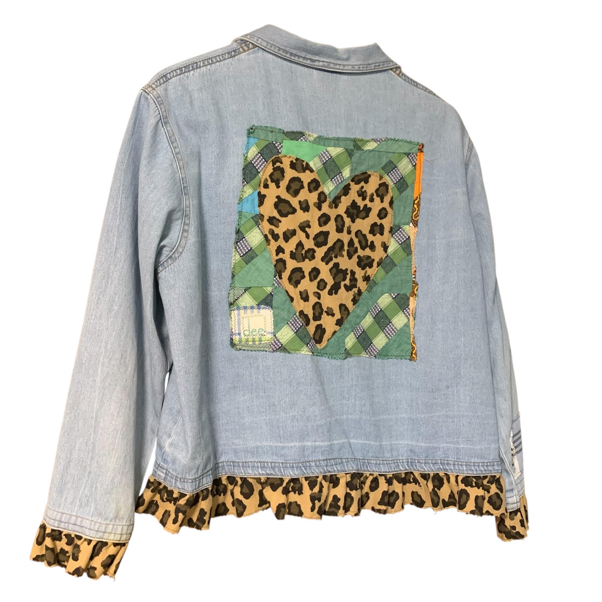Upcycled Denim Jacket L Patchwork with Leopard Print Ruffle