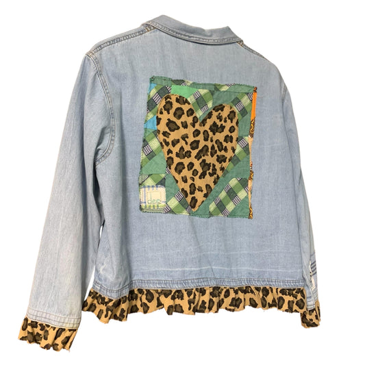 Upcycled Denim Jacket L Patchwork with Leopard Print Ruffle