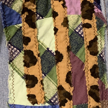 Upcycled Denim Jacket L Patchwork with Leopard Print Ruffle